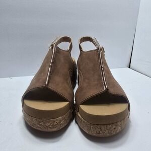 Brown Faux Suede Platform Wedge Sandals Studded Cork Slingback Size 38
